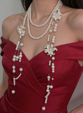 法式浪漫白色贝壳花朵珍珠流苏项链女小众多层串珠气质锁骨链颈链