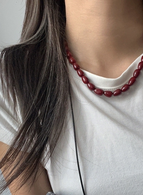 博主同款小众拉丝多种戴法黑绳长款项链安哥拉红椭圆精致锁骨链女