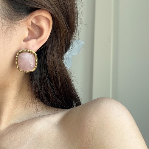 法式复古方形小众仙气耳环几何粉水晶高级感甜美气质百搭银针耳钉