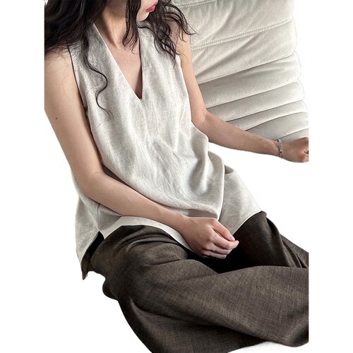 法式亚麻V领挂脖背心女夏季新款度假风吊带上衣小衫T恤8754