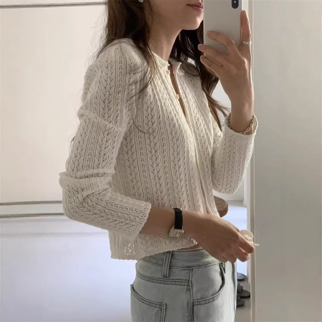 镂空针织开衫韩国气质复古白色花边短款上衣韩版女装2026年新款