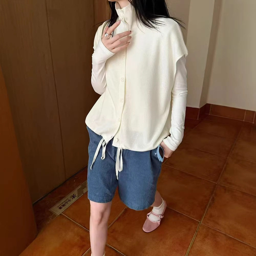 韩系简约翻领羊毛马甲背心女外穿春季上衣26新款女装抽绳叠穿坎肩