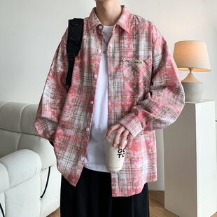 春秋款扎染美式新款港风大码印花格子宽松长袖衬衫设计衬衣外套男