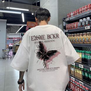 短袖 T恤男宽松白灰色蝴蝶印花国潮流重磅上衣服 夏季 纯棉2026新款