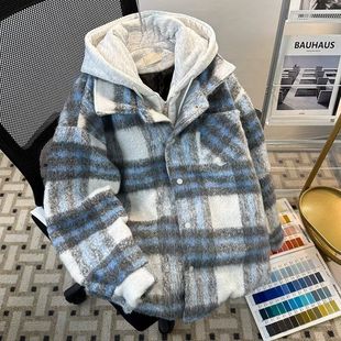 假两件格子毛呢外套男款冬季宽松连帽美式复古小香风短款棉衣夹克