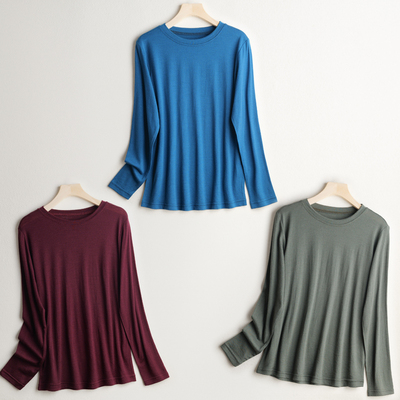 100%超细薄羊毛女小圆领长袖T恤