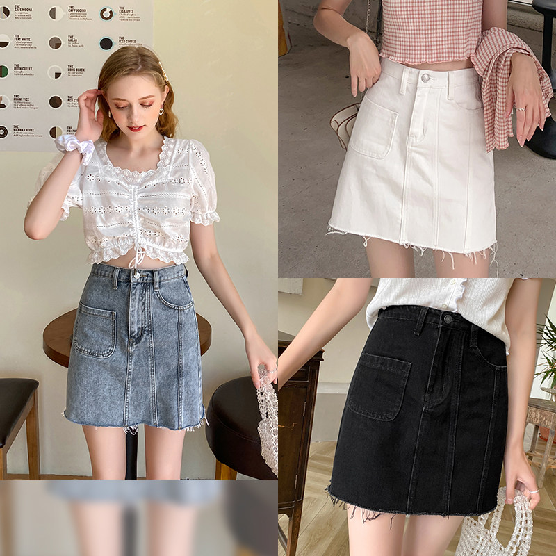 毛菇小象半身裙女2020夏季新款学生高腰显瘦毛边气质A字牛仔短裙