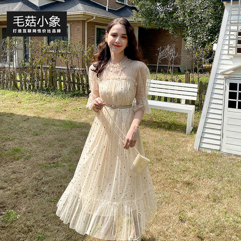 毛菇小象甜美少女网纱连衣裙女2020夏新款中长款显瘦收腰亮片长裙