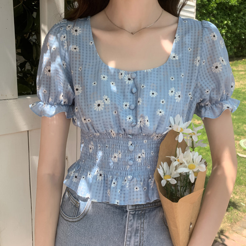 毛菇小象少女碎花衬衫女2020新款心机方领露锁骨雪纺收腰显瘦上衣