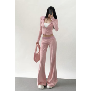 25秋纯欲辣妹条纹拉链连帽卫衣短外套微喇长裤 两件套百搭运动套装