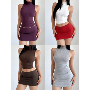 背心低腰美胯包臀防走光短裙套装 2026夏纯欲辣妹高领无袖 纯色修身