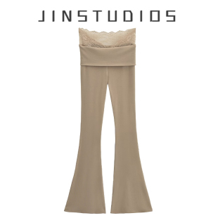 显瘦弹力显腿长休闲长裤 25夏纯欲辣妹风蕾丝拼接低腰微喇长裤 修身