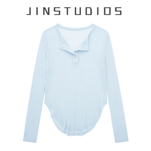 2025早秋纯欲辣妹风纯色微透长袖 运动上衣短 T恤轻薄百搭显瘦罩衫