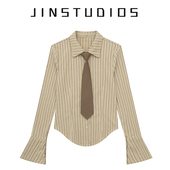 修身 2025春美式 校园风复古条纹撞色领带衬衫 百搭显瘦纯欲辣妹上衣