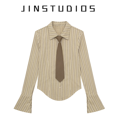 美式校园风复古条纹撞色领带衬衫