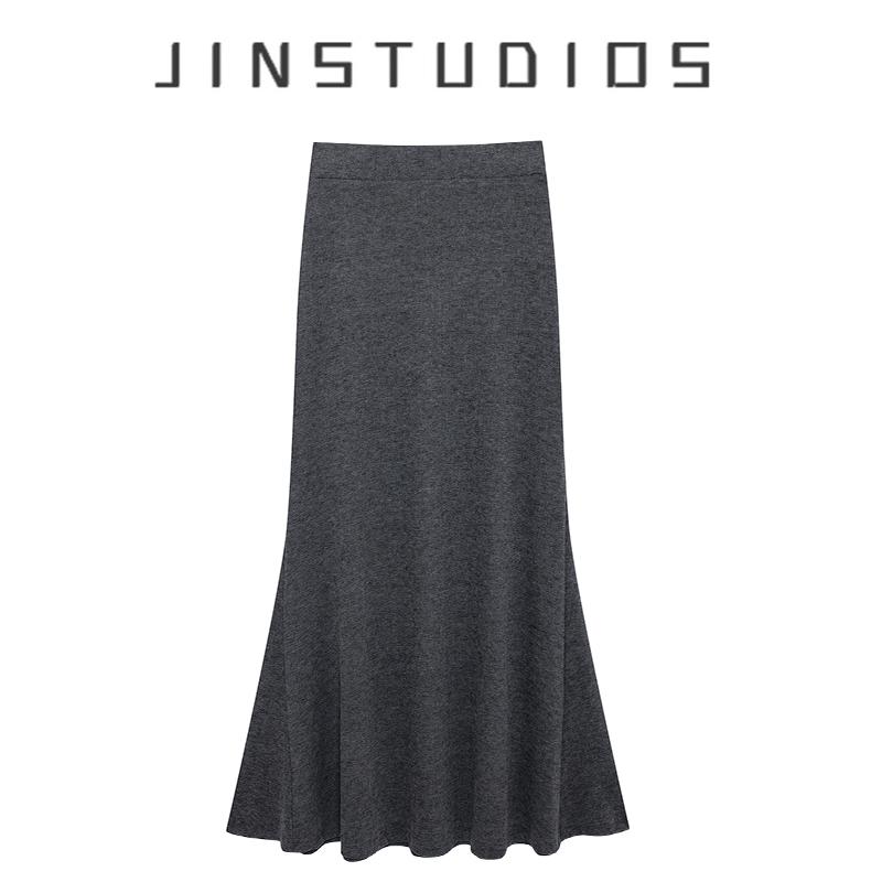 纯欲辣妹风纯色修身弹力包臀鱼尾裙显瘦百搭复古高腰中长款半身裙