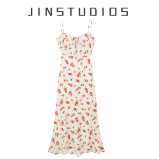 25夏复古印花度假风领口系带V领吊带裙显瘦百搭辣妹连衣裙中长裙