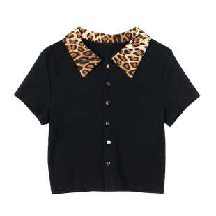 显瘦百搭上衣打底衫 JIN自制复古豹纹方领单排扣短袖 个性 衬衫 修身