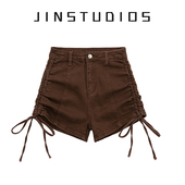 显瘦显腿长辣妹热裤 侧边抽绳牛仔短裤 复古个性 JIN自制2025夏美式