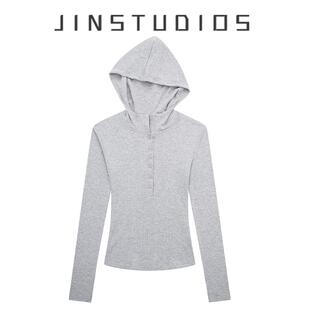 长袖 T恤百搭显瘦纯欲辣妹百搭上衣 运动风单排扣连帽修身 25秋美式