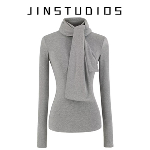 25秋冬磨毛可脱卸围巾纯色套头长袖 显瘦百搭纯欲辣妹上衣 T恤修身