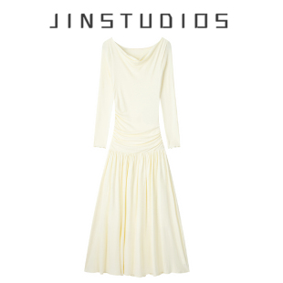 2025秋纯欲辣妹风褶皱收腰长袖 显瘦纯色百搭长裙打底裙 连衣裙修身