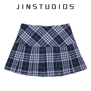 美式 辣妹风复古撞色格纹高腰百褶短裙显瘦显腿长百搭a字裙半身裙