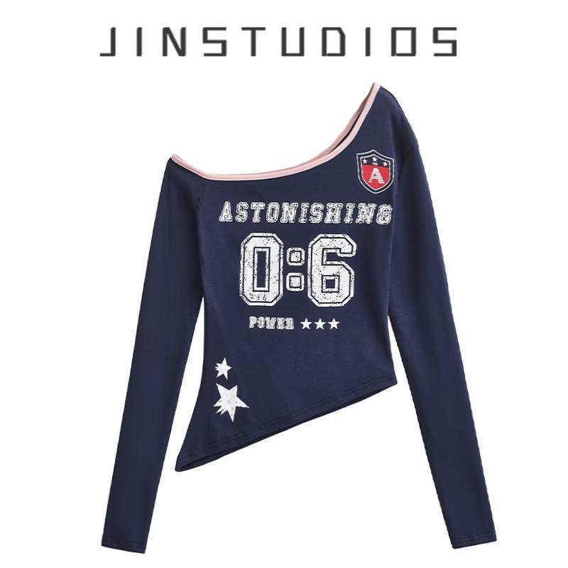 2025秋美式运动风字母印花斜领露肩长袖T恤修身显瘦纯欲辣妹上衣,女装/女士精品,T恤,淘宝优惠券,粉丝福利购,淘宝优惠卷