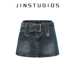 JIN自制2025夏美式 复古辣妹腰带牛仔短裙显瘦显腿长百搭A字裙半裙