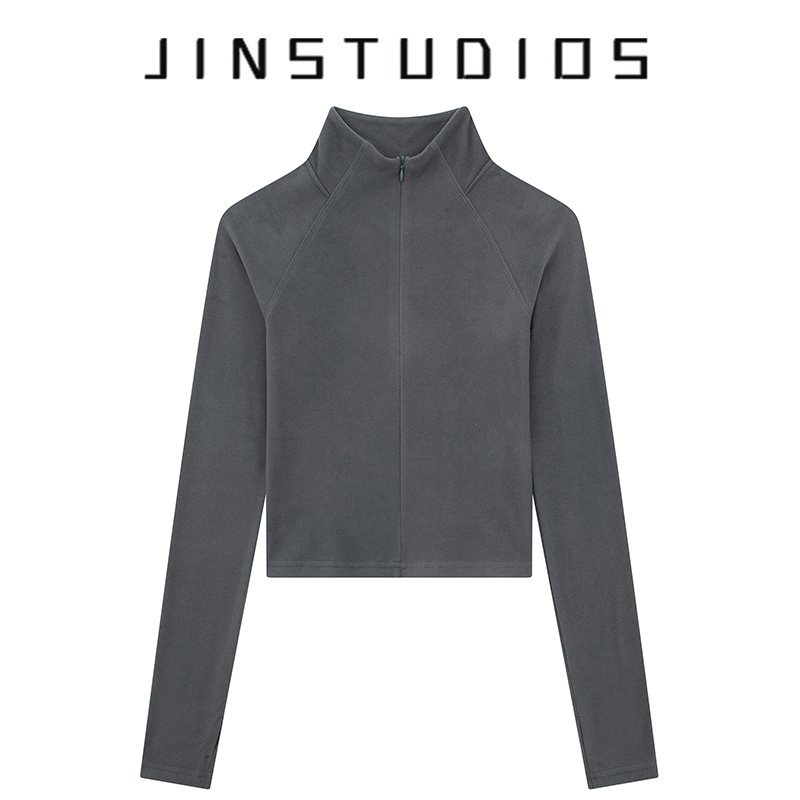 美式运动风半拉链小高领辣妹上衣