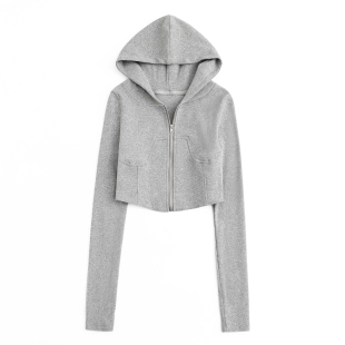 JIN自制25设计感收腰超短拉链连帽卫衣外套修身 上衣 露脐辣妹帽衫