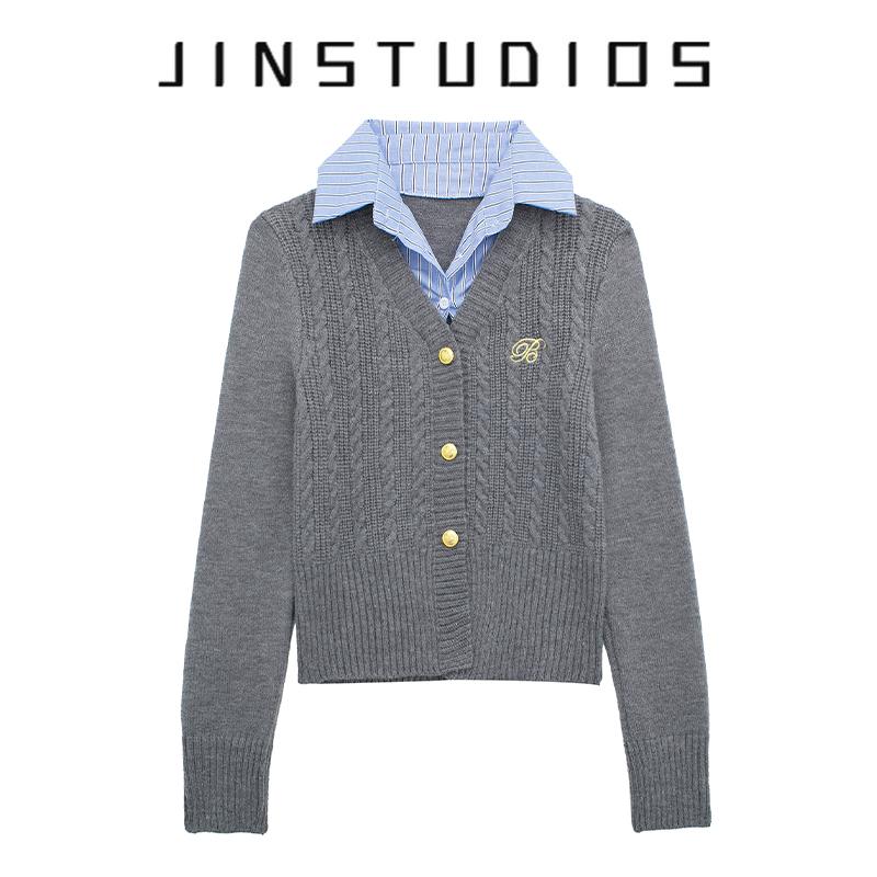 美式学院风条纹衬衫领假两件拼接单排扣针织开衫显瘦百搭毛衣外套