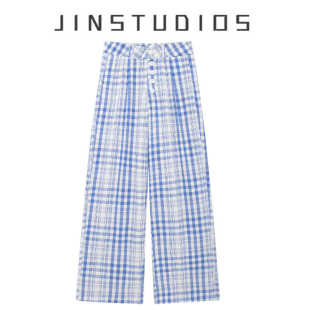 25早秋温柔高腰单排扣格纹阔腿裤 显瘦百搭撞色格子宽松直筒休闲裤