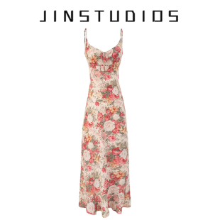 2025夏纯欲辣妹花朵印花领口系带吊带裙显瘦百搭度假风连衣裙长裙