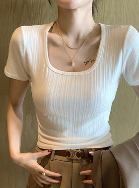 H106圆领t恤短袖女夏季新款薄款修身简约螺纹显瘦外穿t恤上衣女装