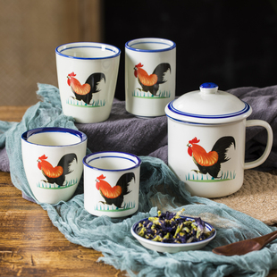 陶瓷马克杯带盖公鸡口壶创意茶缸定制杯复古大容量办公室水杯小杯