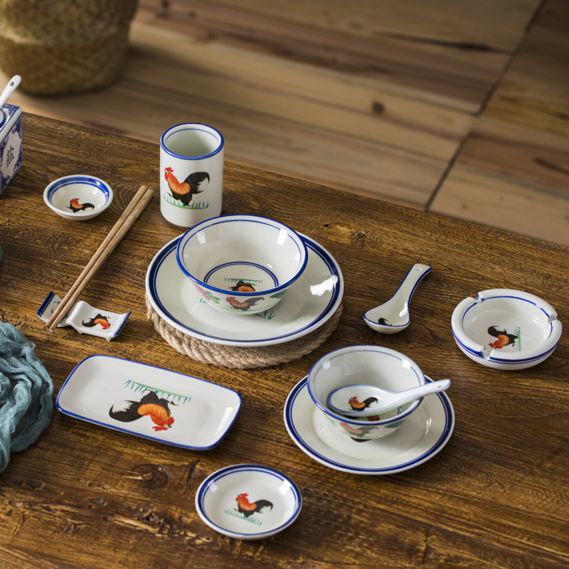 公鸡碗酒店餐具餐厅摆台饭店碗盘陶瓷套装翅碗台面勺子烟灰缸茶杯