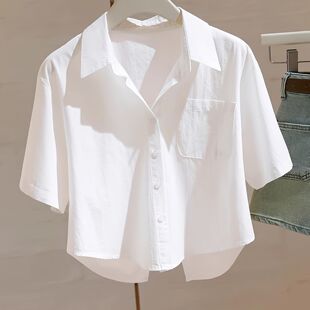 白色正肩短袖衬衫女年夏季新款后开叉宽松显瘦小个子衬衣上衣