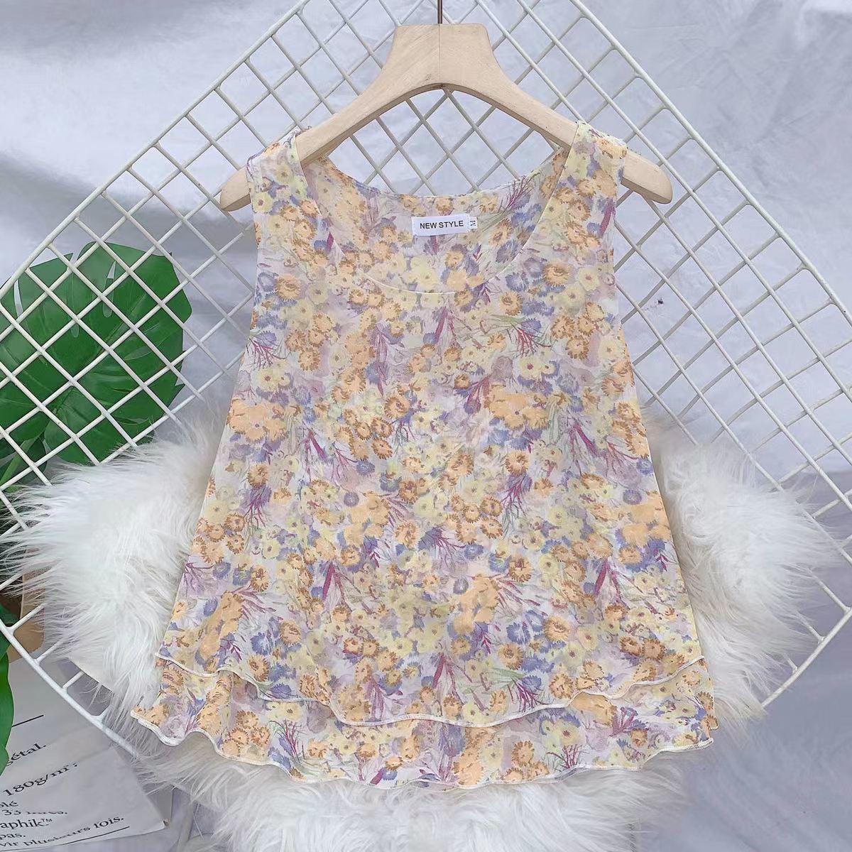 2026夏季碎花荷叶边吊带背心女
