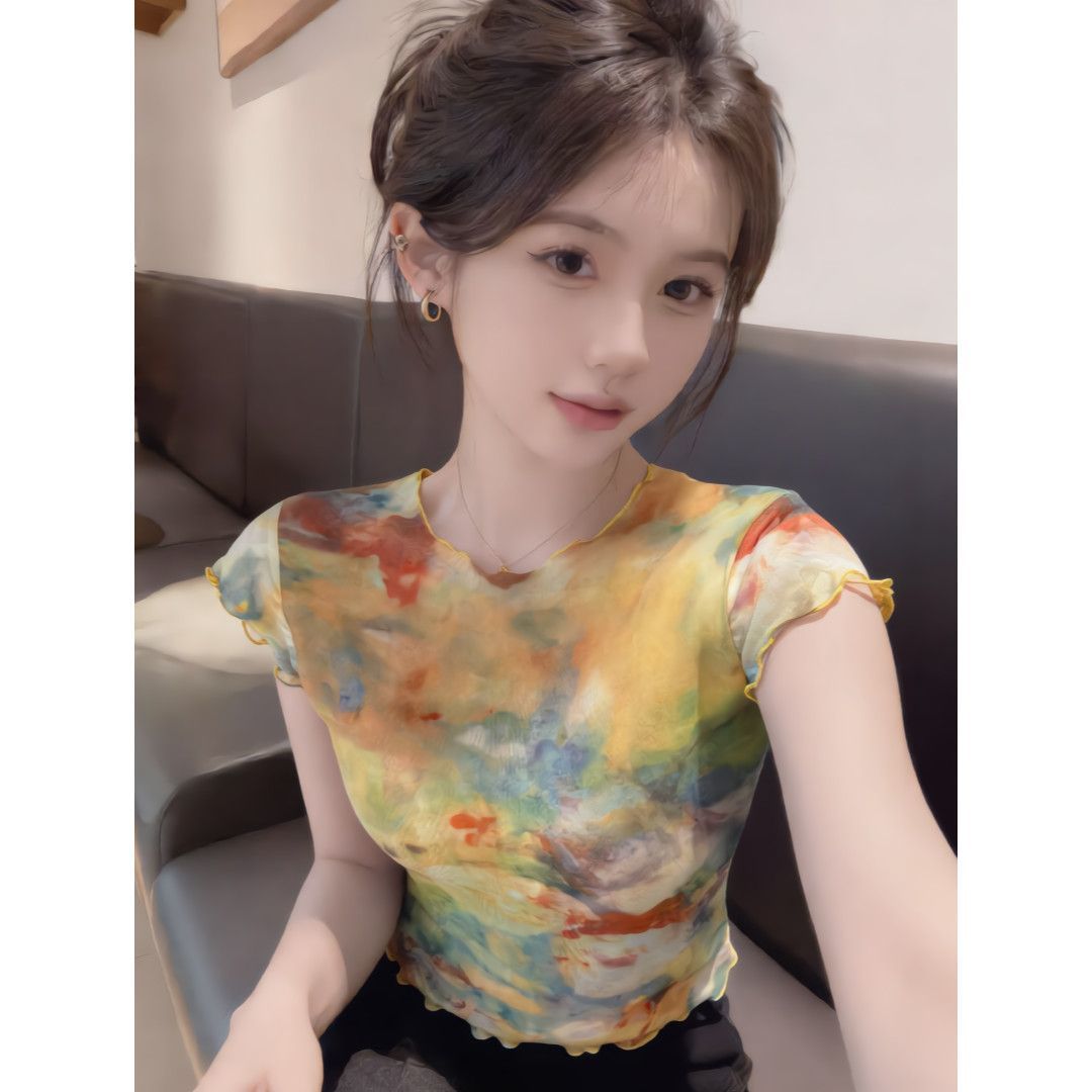 法式莫奈油画风网纱小飞袖T恤