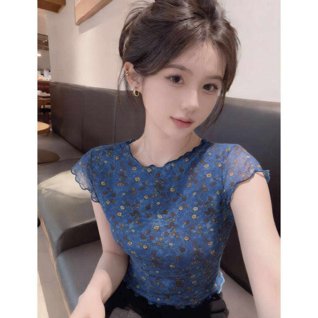 复古碎花网纱短袖t恤女