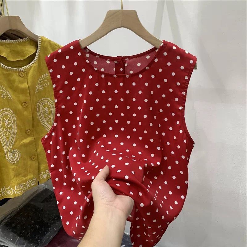 夏季红色波点无袖马甲背心百搭