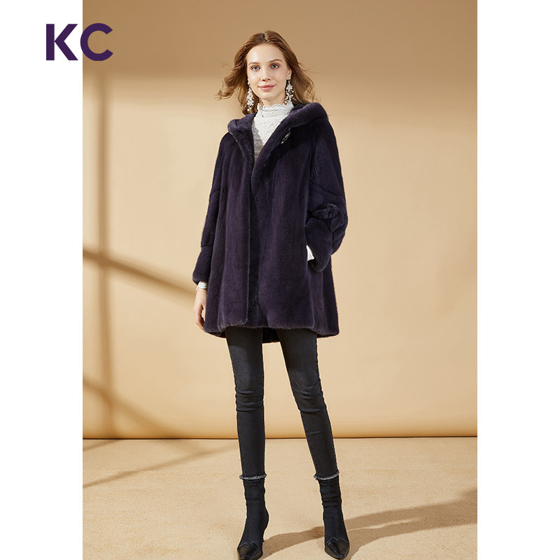 KC皮草2019新款进口整貂小母貂皇冠级天鹅绒大衣冬时尚连帽外套女