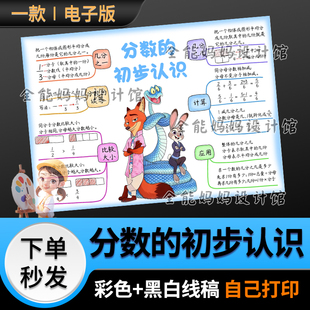 分数的初步认识数学手抄报电子小报半成品可打印黑白线稿D050