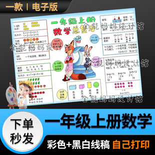 一年级上册数学复习数学手抄报电子小报半成品可打印黑白线稿D052