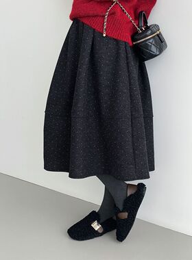 不晚 波点花苞~韩系复古miu系松紧腰半身裙女气质百搭中裙