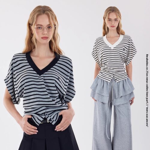 Reabobo.co条纹v领松弛感短袖