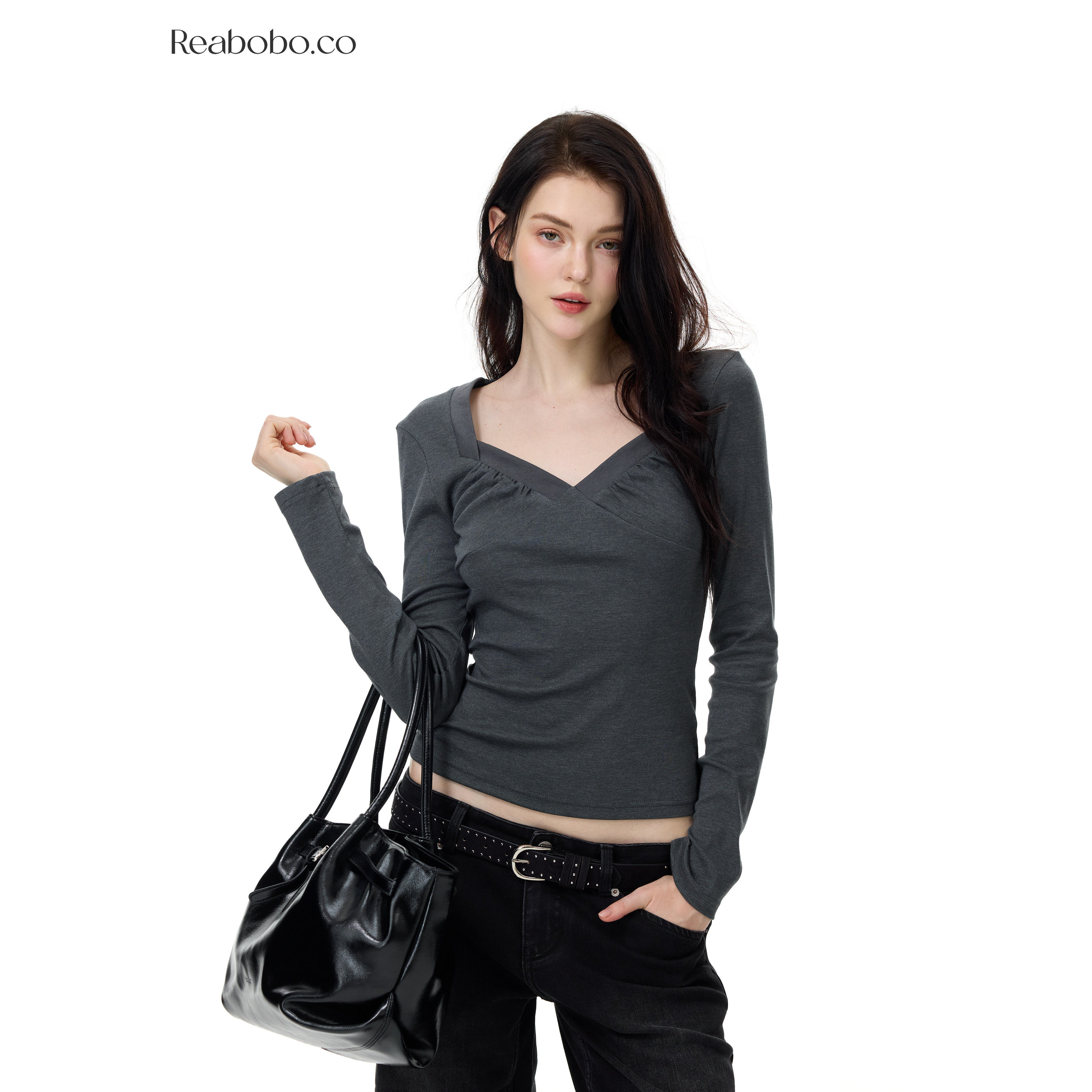 Reabobo.co 正肩v领缩褶修身长袖t恤女美式辣妹显瘦百搭打底上衣
