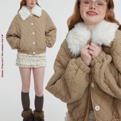 OthJul. 无初纪美式复古短款格纹棉服可拆卸毛领面包服棉衣外套女
