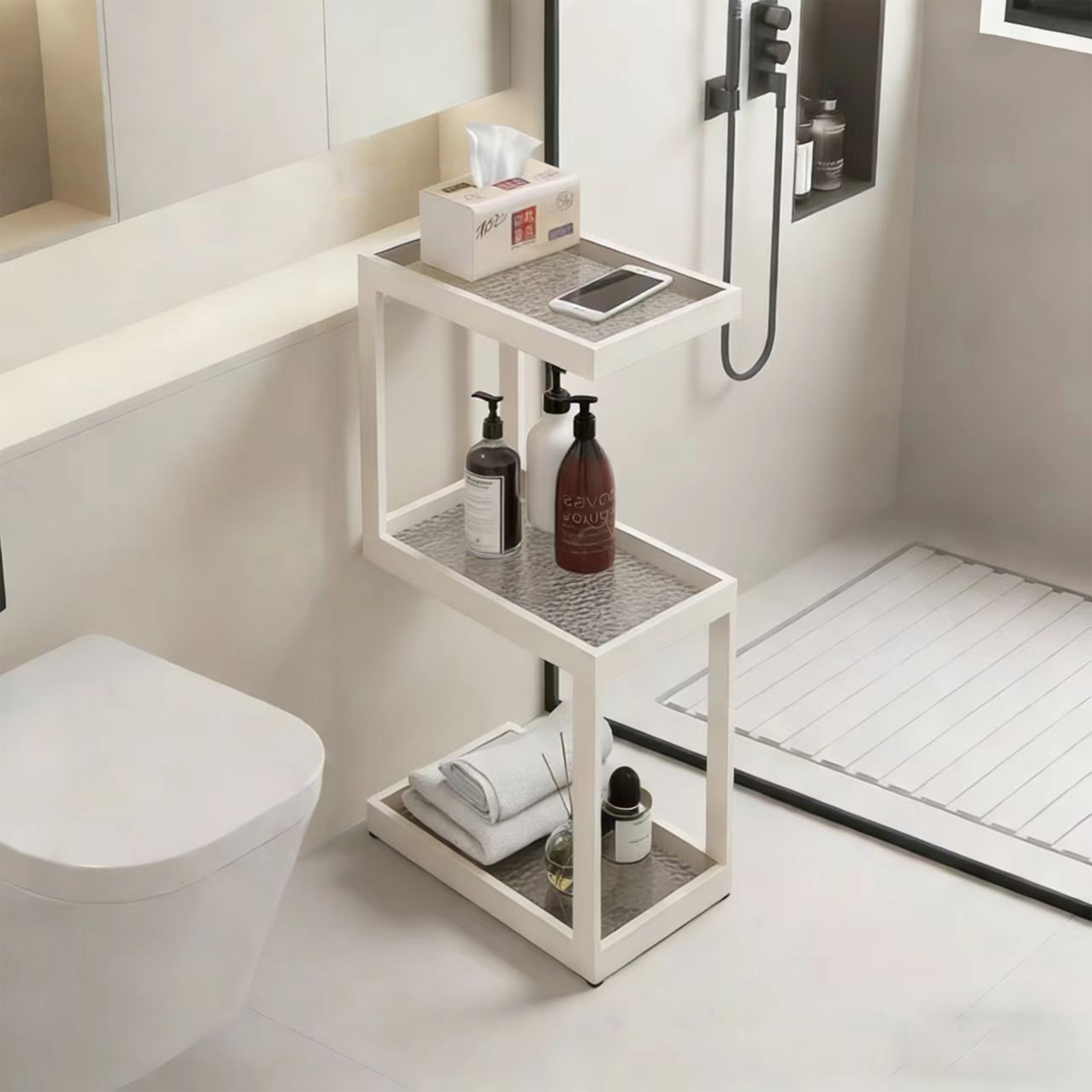 高端卫生间置物架浴室转角架子化妆品收纳架淋浴房厕所置物架落地